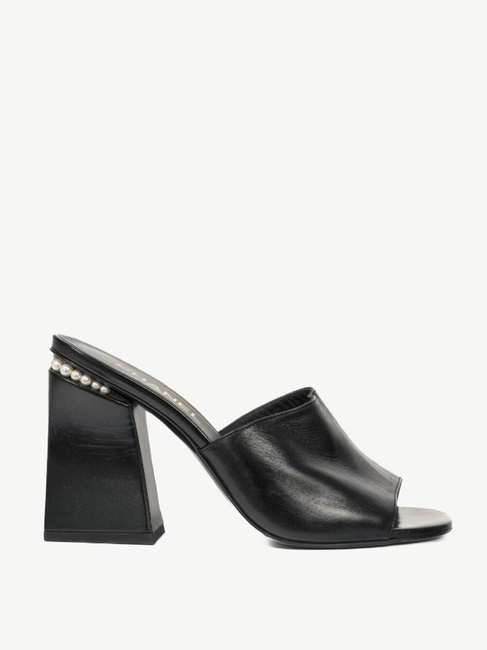 Chanel Black Leather Pearl-Embellished Heeled Mules